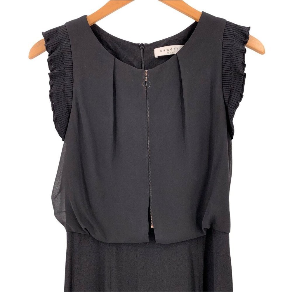 SANDRO Black Viscose Crepe Exposed Zipper Flutter Sleeve Dress Size 2 - Picture 3 of 7